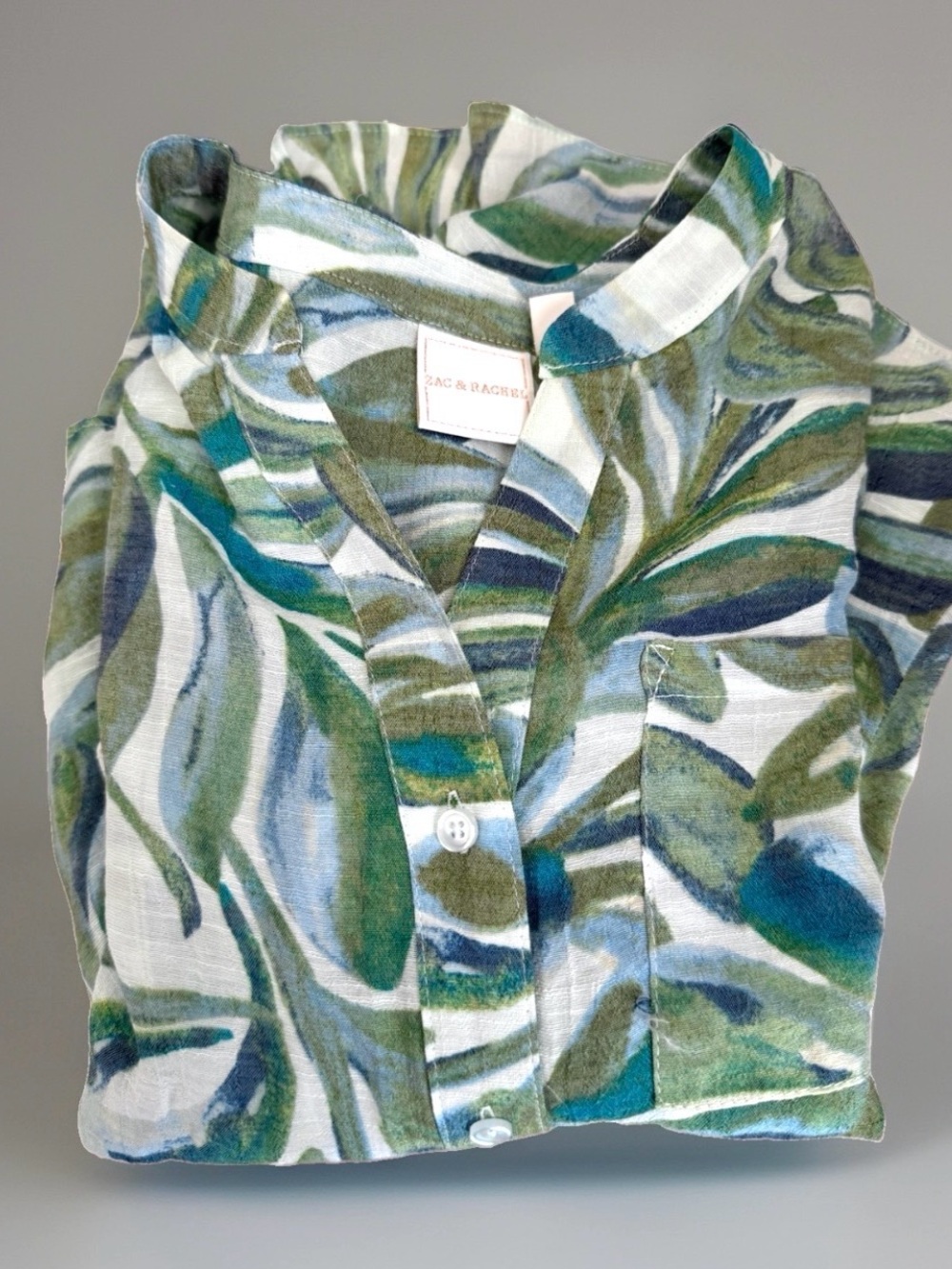 Zac & Rachel Long Sleeve Button Down Shirt P S Green Blue Abstract Print Rayon